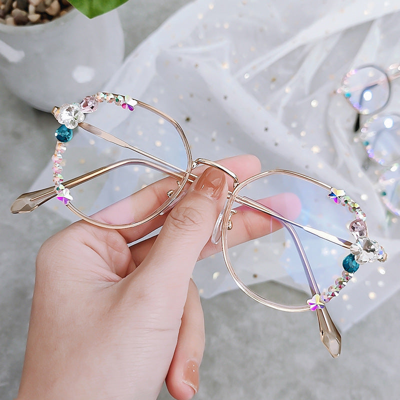 Women's fashion glasses新款镶钻防蓝光辐射近视眼镜框女韩版潮平光镜电脑保护眼睛