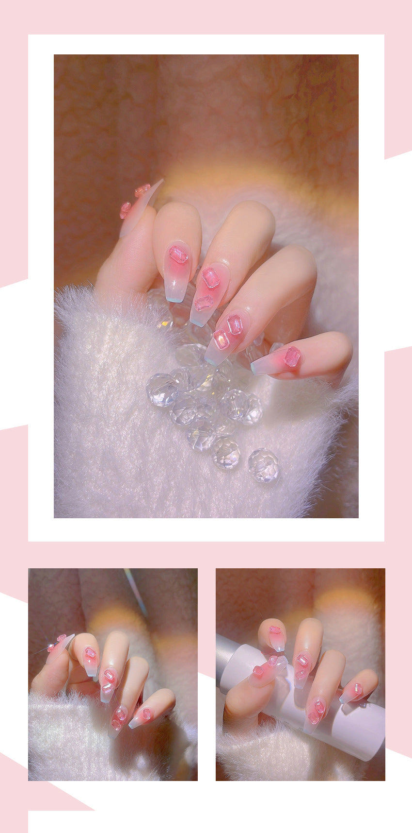 Fashion  nail Hot Rock Candy Cube Diamond Manicure Fake Nails Fairy Sweet Short Blush Square Diamond Wear Manicure Y53