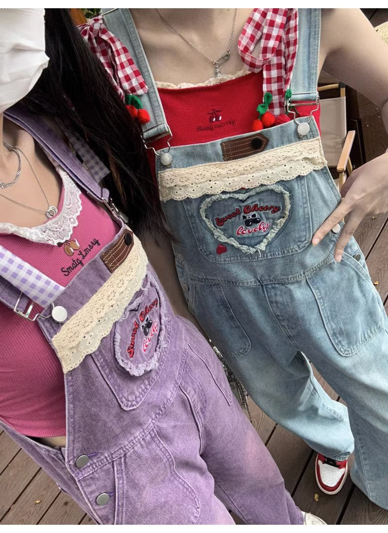 Dopamine pants Free shipping Tattoo Dopamine Denim Overalls Women's Autumn Korean Edition Loose and Cute Student Age Reduction Small Straight Jumpsuit