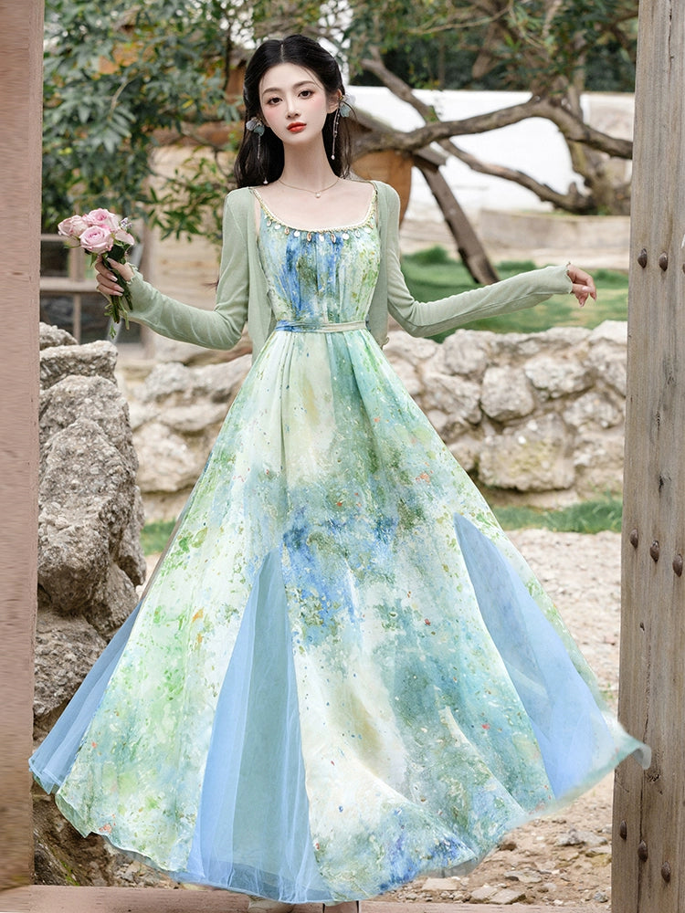 Dopamine dress Free shipping Tattoo Summer Dopamine Women's Retro French Style Green Suspender Dress with Cardigan Fairy Holiday Dress