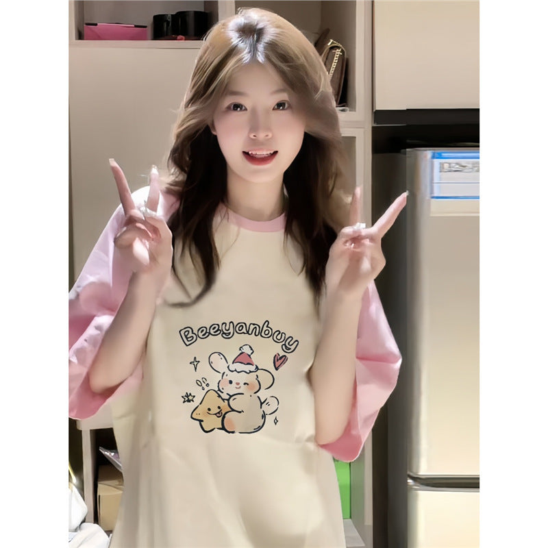 Dopamine tops Free shipping Tattoo 100Kg cotton pink shoulder-plugged short-sleeved t-shirt girlfriend outfit summer female college student dopamine loose and thin top