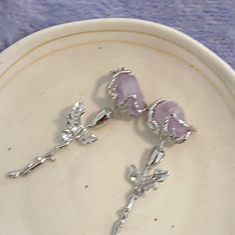 银针紫色玫瑰耳钉女 ins小众设计高级感耳环 个性冷淡风耳饰批发