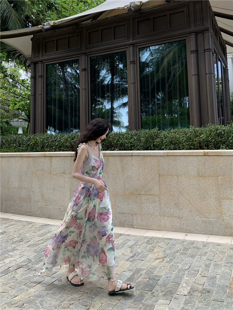 Fashion women's wear French Sweet Gentle Spaghetti-Strap Ruffle Floral Dress Women's Summer Vacation Fairy Large Swing Suspender Dress