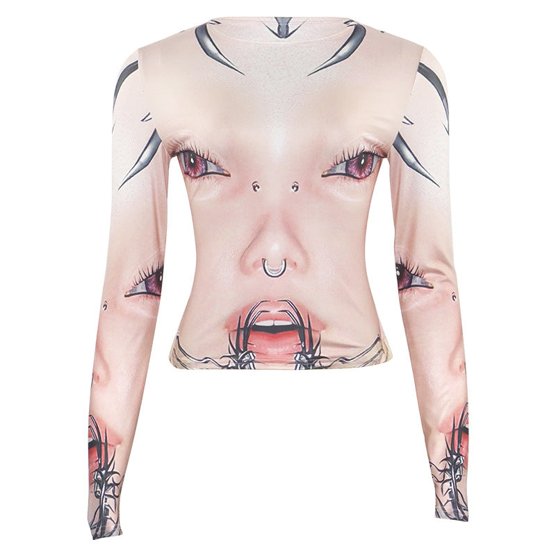 Free shipping  New Crew Neck Long Sleeve Face Printing Slim High Street Girl T-Shirt tops