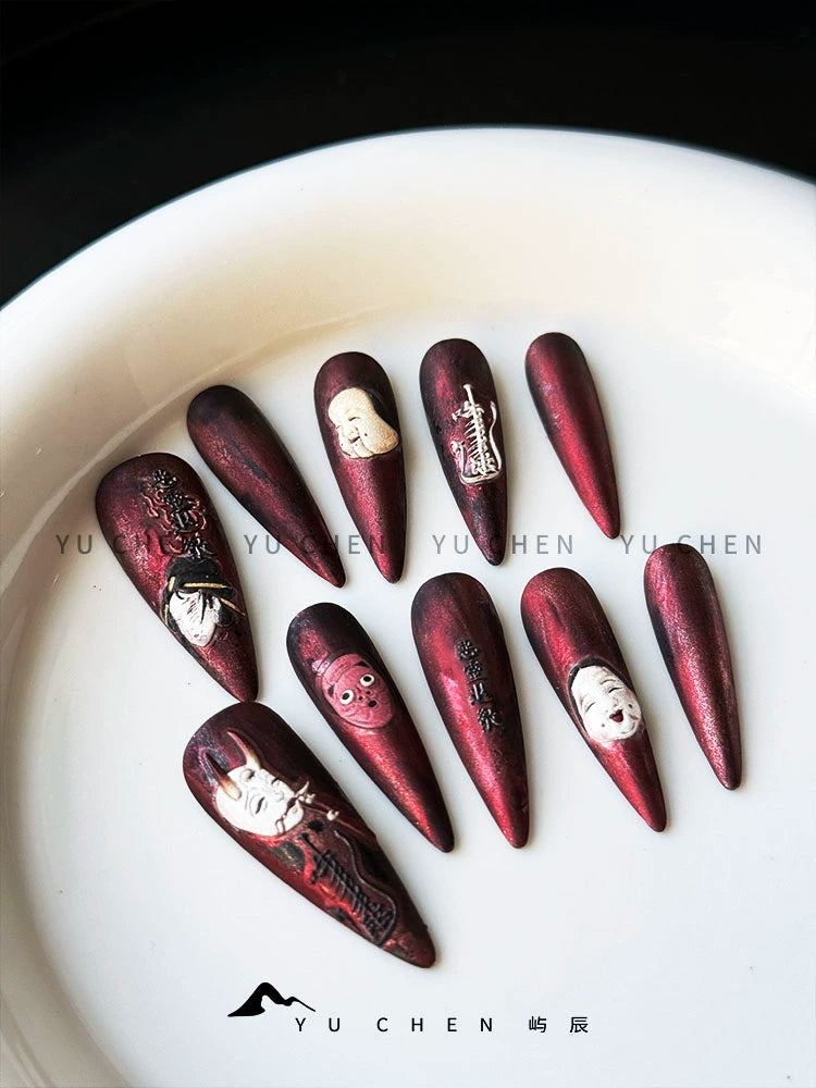(Hand made nail) Yu Chen Original | Divine Ghost Chaos Power Dark Nail Wearing Collection Waste Soil Wind Red Matte Handmade Original Design
