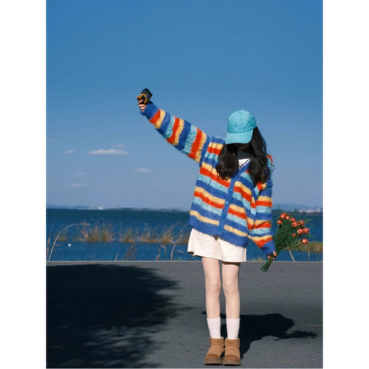 Dopamine tops Free shipping Tattoo Dopamine Premium Sense Wear Small Striped Loose V-Neck Sweater Jacket Women's 2024 New Autumn and Winter