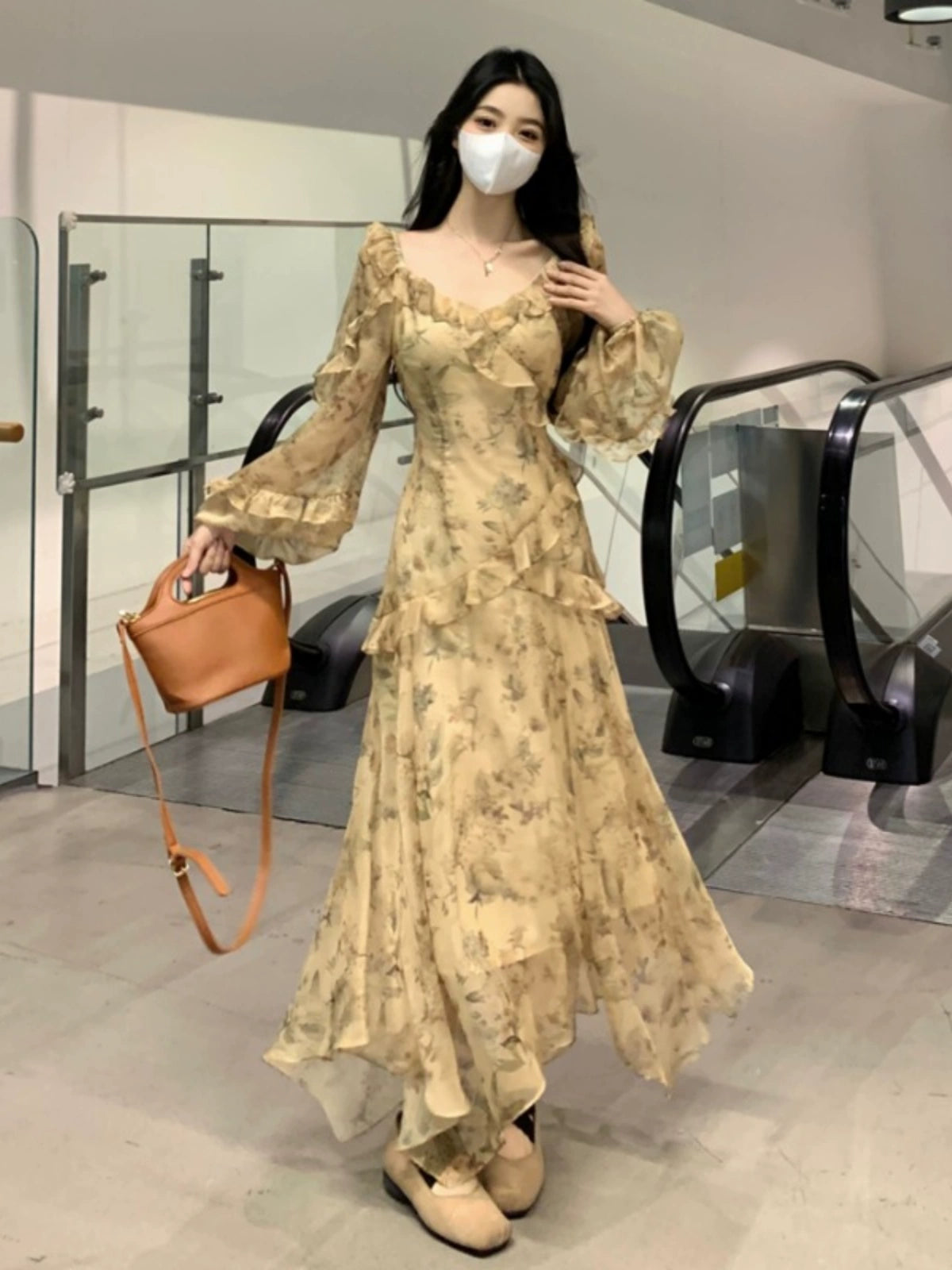 Fashion women's wear French Style Beautiful Yellow Floral Dress Spring plus Size Plump Girls Slimming Fairy Long Dress Style Skirt