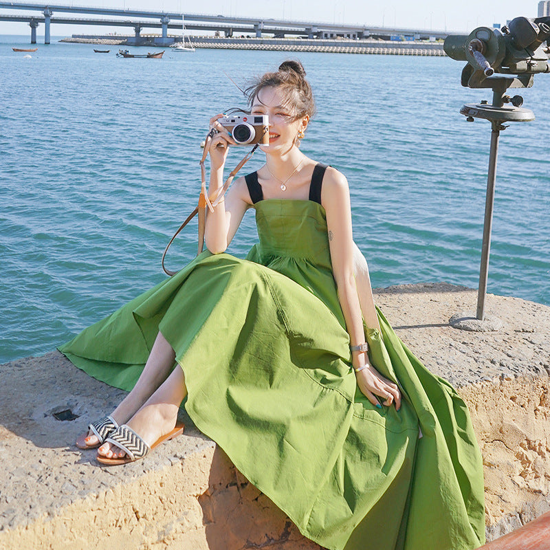 Fashion women's wear Real Shot Design Sense Niche Avocado Green Sling Dress Women's Summer Covering Belly Thin Sanya Vacation Style Dress