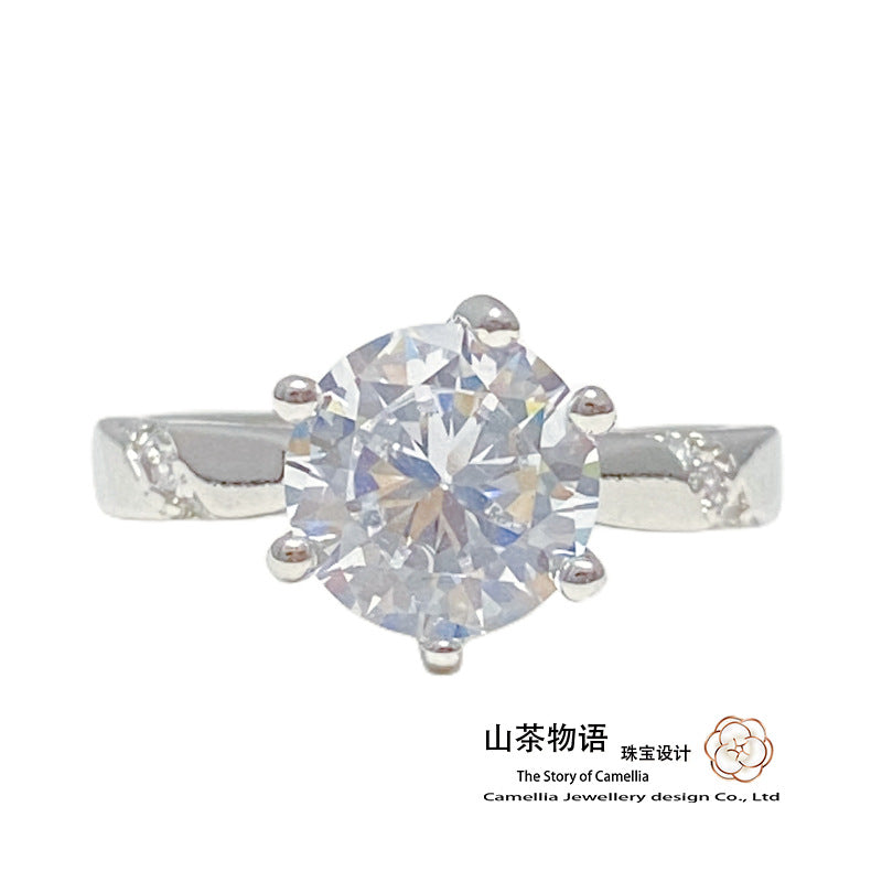 Camellia简约时尚日韩潮搭戒指 镀金六爪1克拉少女的嫁衣璀璨指环