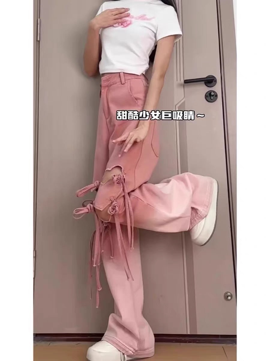 Free shipping  Dopamine pink love ripped jeans women's 2024 new summer design sense gradual change loose wide-leg pants