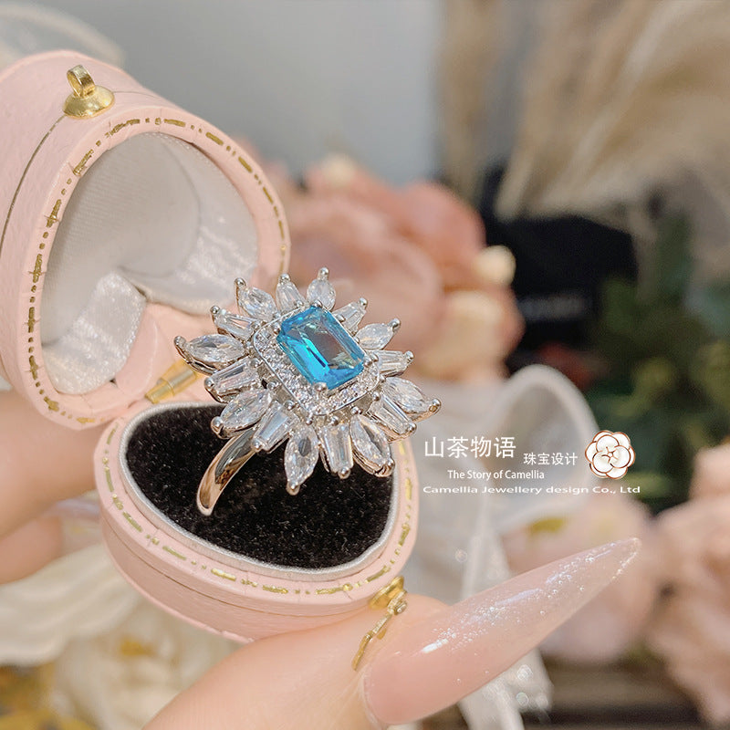 Camellia名缓少女仿帕帕拉恰宝石戒指 彩宝微镶黛粉锆石开口指环