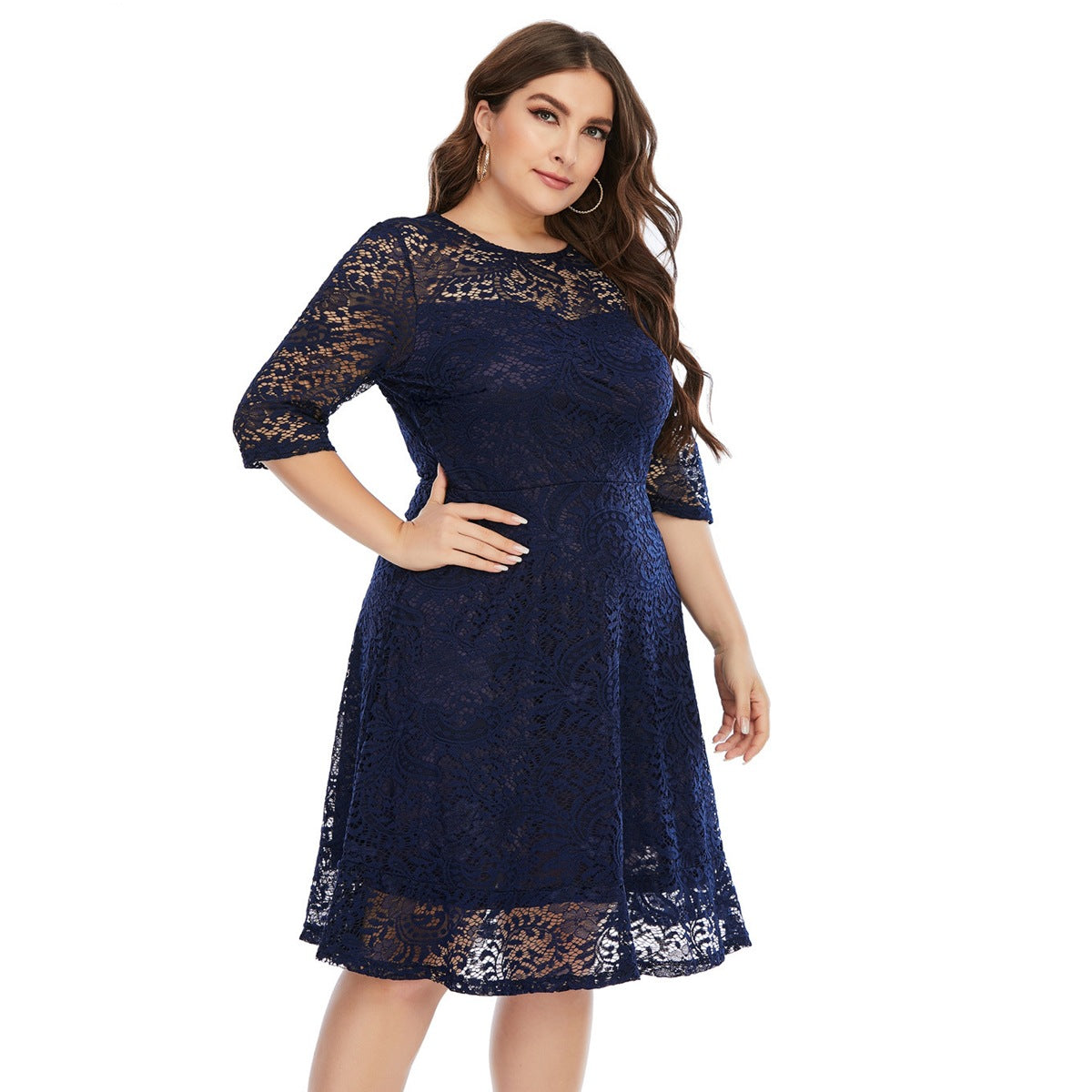 Fashion women's wear 2024   plus Size Women's Clothes round Neck Lace Mid-Length Formal Dress Dress Sq0156