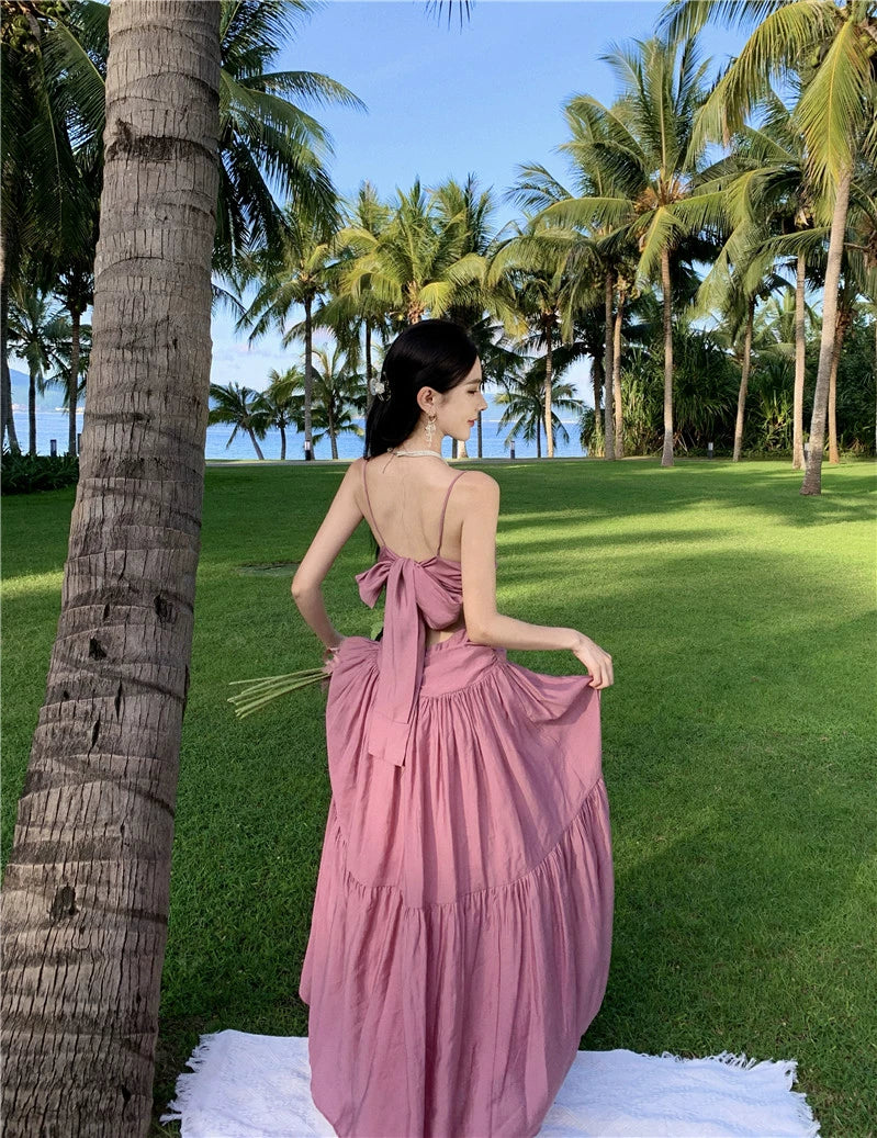 Fashion women's wear Beautiful Dopamine Special-Interest Design Lace-up Pleated Backless Vacation Style Sling Dress High-Grade Sense Temperament Long Dress