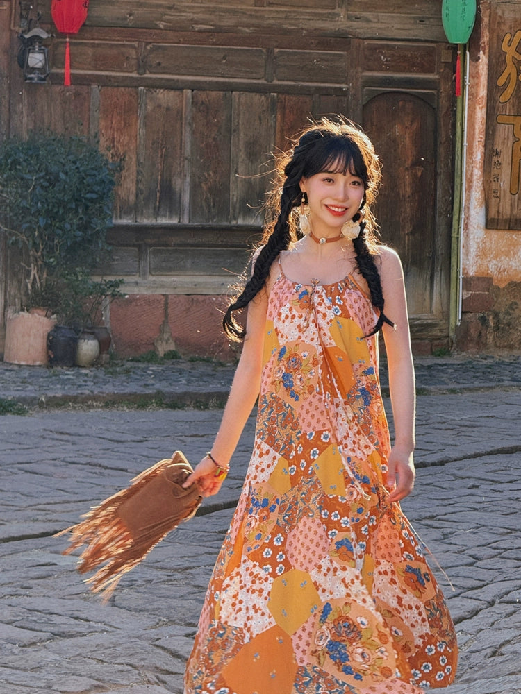 Dopamine dress Free shipping Tattoo Printed Suspender Dress Female Sweet Mori Vest Shawl Pastoral Summer Dopamine Seaside Dress