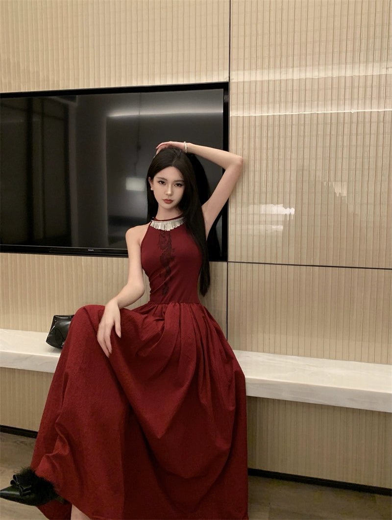 Fashion women's wear New Chinese Style Printed Sleeveless Dress Women's New Waist-Tight Elegant High-Grade Pettiskirt Autumn and Winter Formal Dress