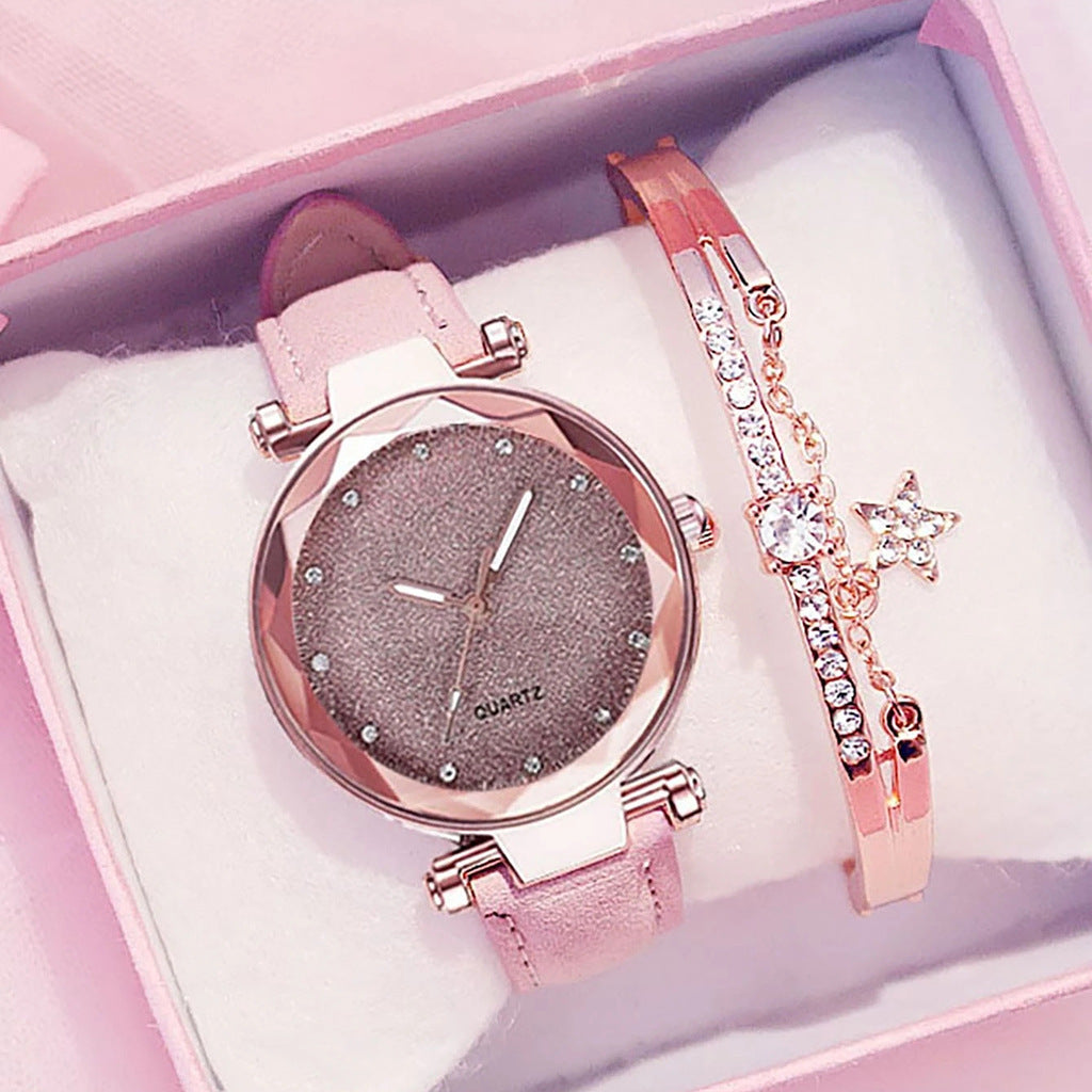 Fashion women's watchForeign Trade Popular Style Silver Pink Rhinestone Face Women's Watch Frosted Leather Watch Strap Women's Casual Trend Two-Piece Set Wrist Watch