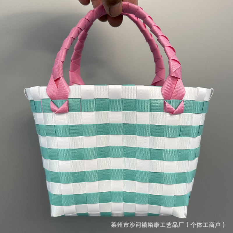 Dopamine Bag Free shipping Tattoo Cartoon dopamine plastic woven bag, trendy macaron hand-woven vegetable basket bag, cute casual seaside beach bag