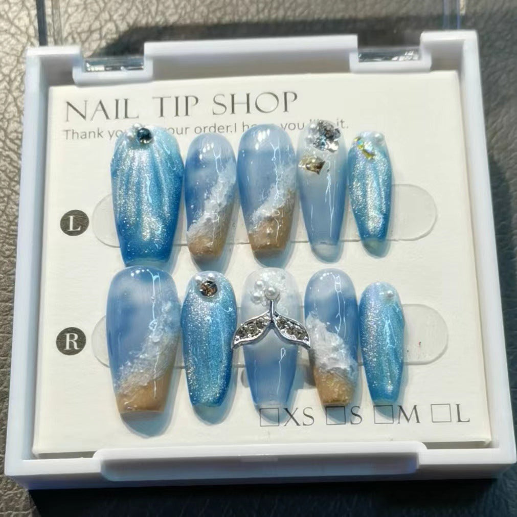(Hand-Made Nail) [in the Sea] Whale Falling Hand-Worn Armor Hand-Made Advanced Beach HAILANG Blue Manicure Fake Nails Nail Tip