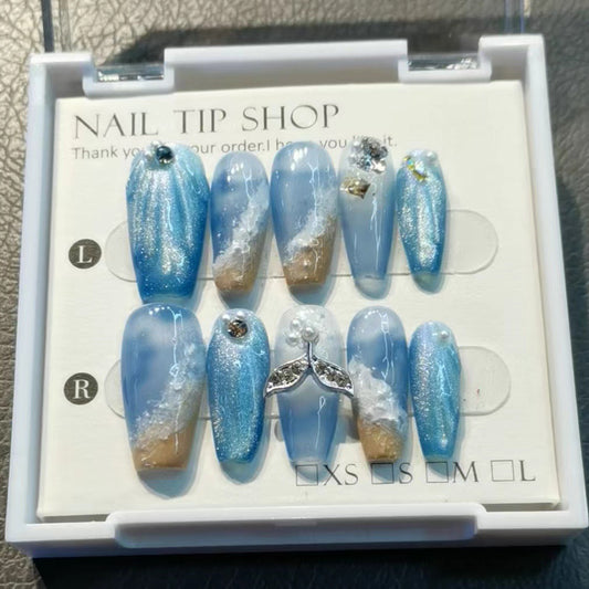 (Hand-Made Nail) [in the Sea] Whale Falling Hand-Worn Armor Hand-Made Advanced Beach HAILANG Blue Manicure Fake Nails Nail Tip