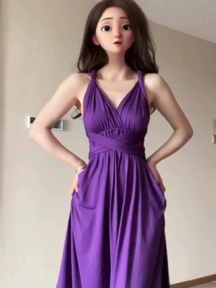 Fashion women's wear Purple Strap Dress Texture High-Grade Waist Slimming Adult Lady like Woman Beautiful Luxurious Style French Long Skirt Summer