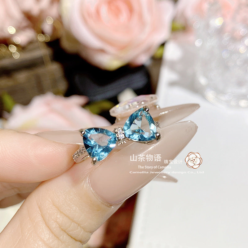 Cameliia彩宝系莫桑蝴蝶结开口戒指女 轻奢浪漫海蓝甜美精致指环