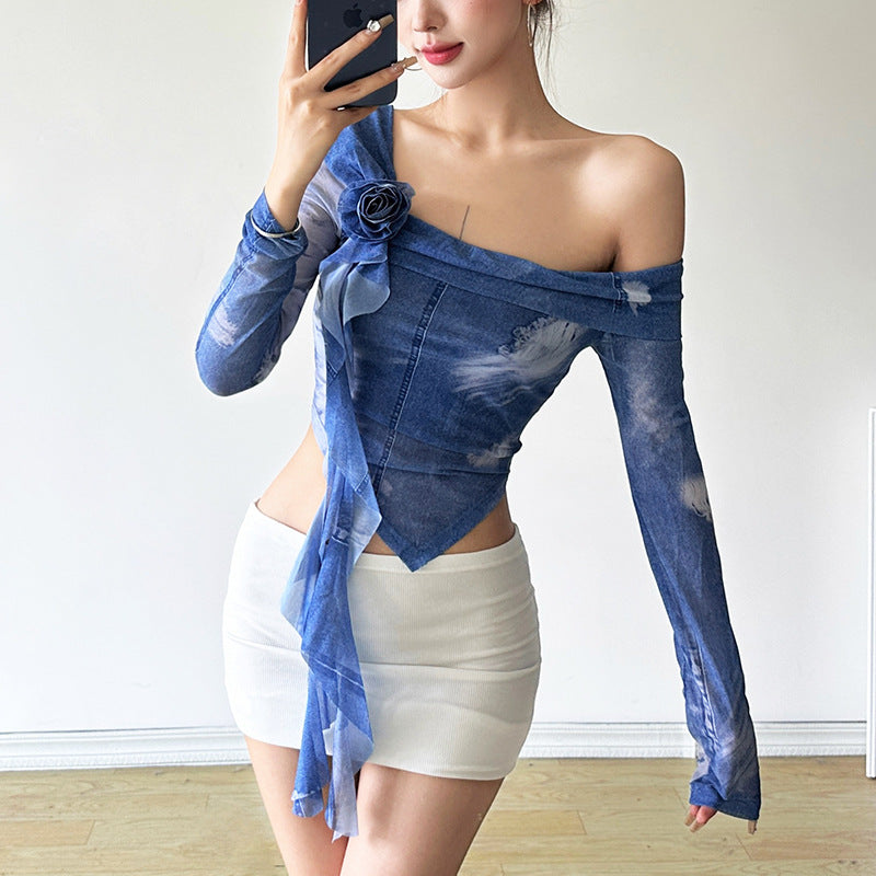 Free shipping  new women's clothing solid color slim-fitting street fashion diagonal collar long-sleeved top women tops