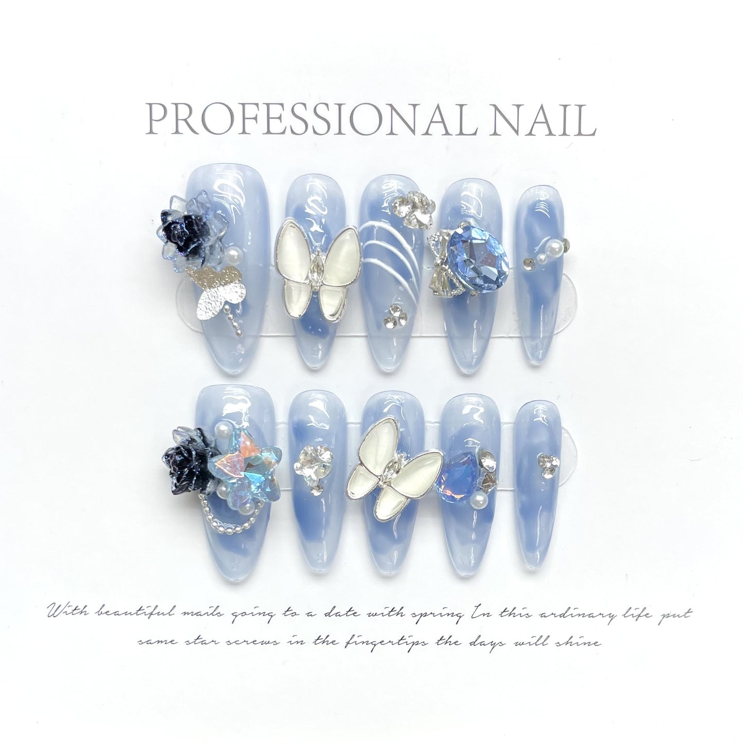 (reusable nail)Water Fairy Butterfly Water Diamond Temperament Clear and Cold, Advanced Handmade Wearing Nail, New Detachable Nail Artificial Nail