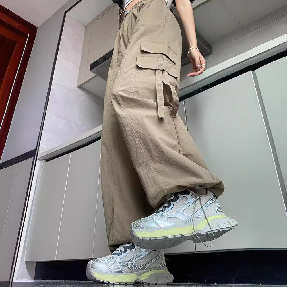 Free shipping High Waist Skinny Casual Nylon Dopamine Wide Leg Pants Parachute pants