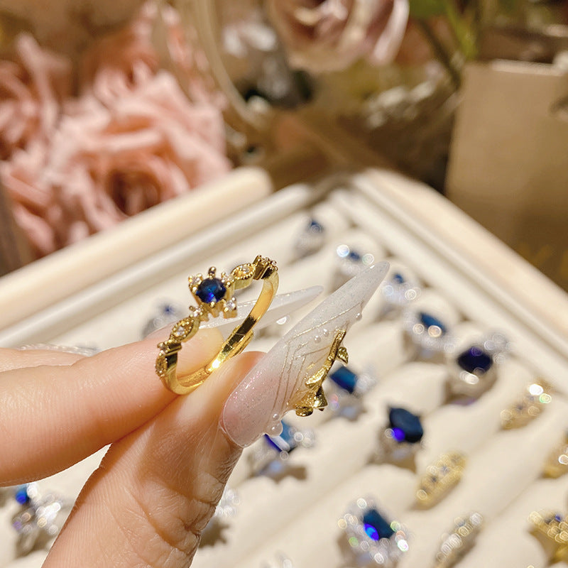 山茶高定珠宝设计蓝刚玉彩宝戒指  法式奢华高级仿天然透辉石指环