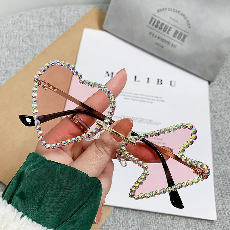 Women's fashion glasses 跨境太阳镜女欧美个性无框镶钻金属水钻墨镜舞会派对搞怪嘻哈眼镜