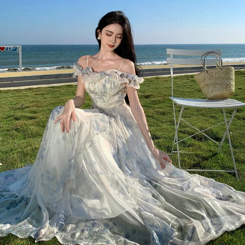 Fashion women's wear French Style Beautiful Floral off-Shoulder Spaghetti Straps Dress Female Summer Super Fairy High Sense Seaside Holiday Princess Long Dress