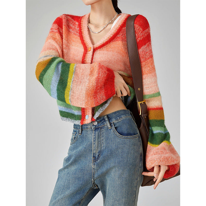 Dopamine tops Free shipping Tattoo Rainbow contrasting mohair striped knitted sweater women's thin 2024 spring and autumn new dopamine outer cardigan top