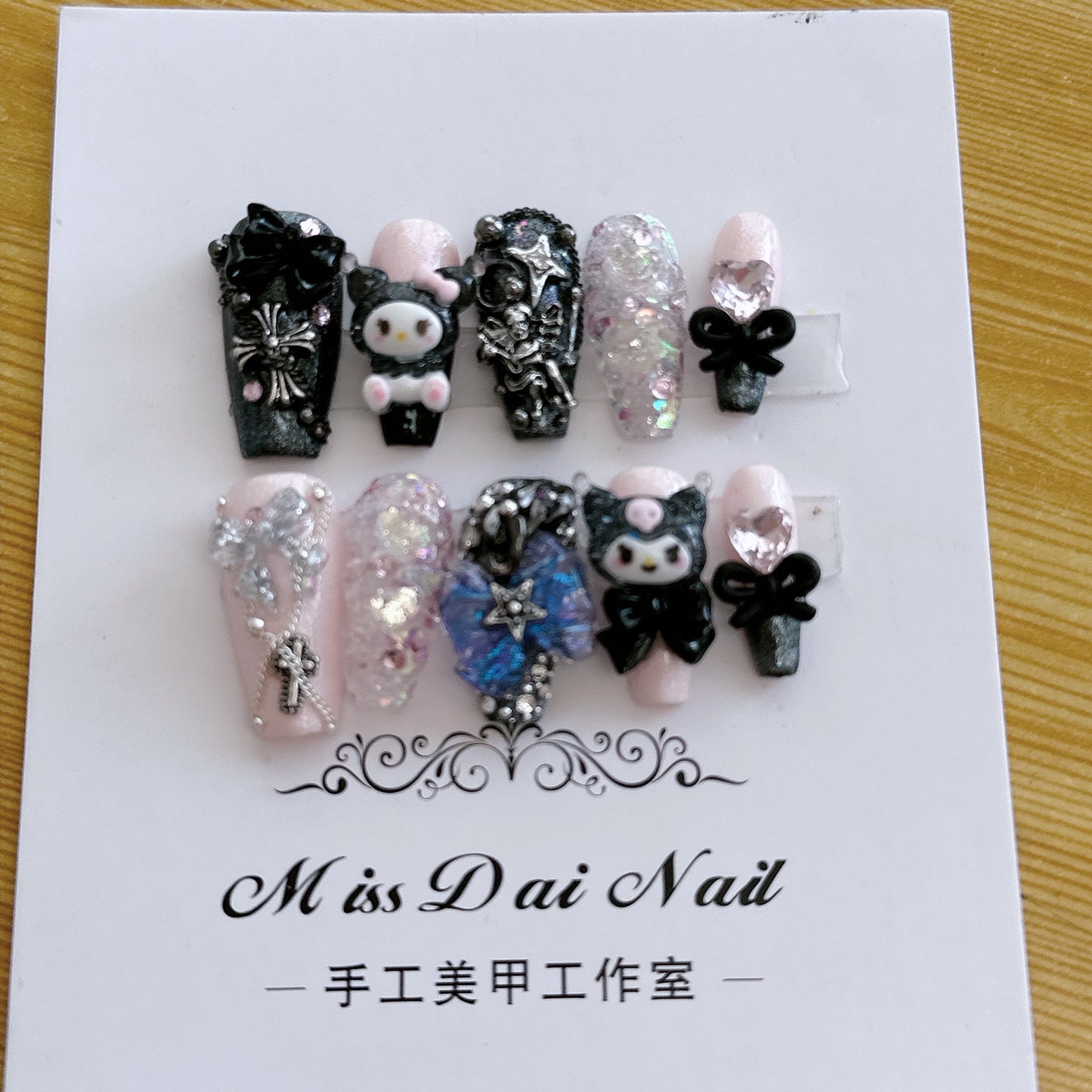 (Hand-Made Nail) Hand-Worn Nail Pink Black Hot Girl Sweet Cool Coolomi Bow Nail Stickers Finished Product Wholesale