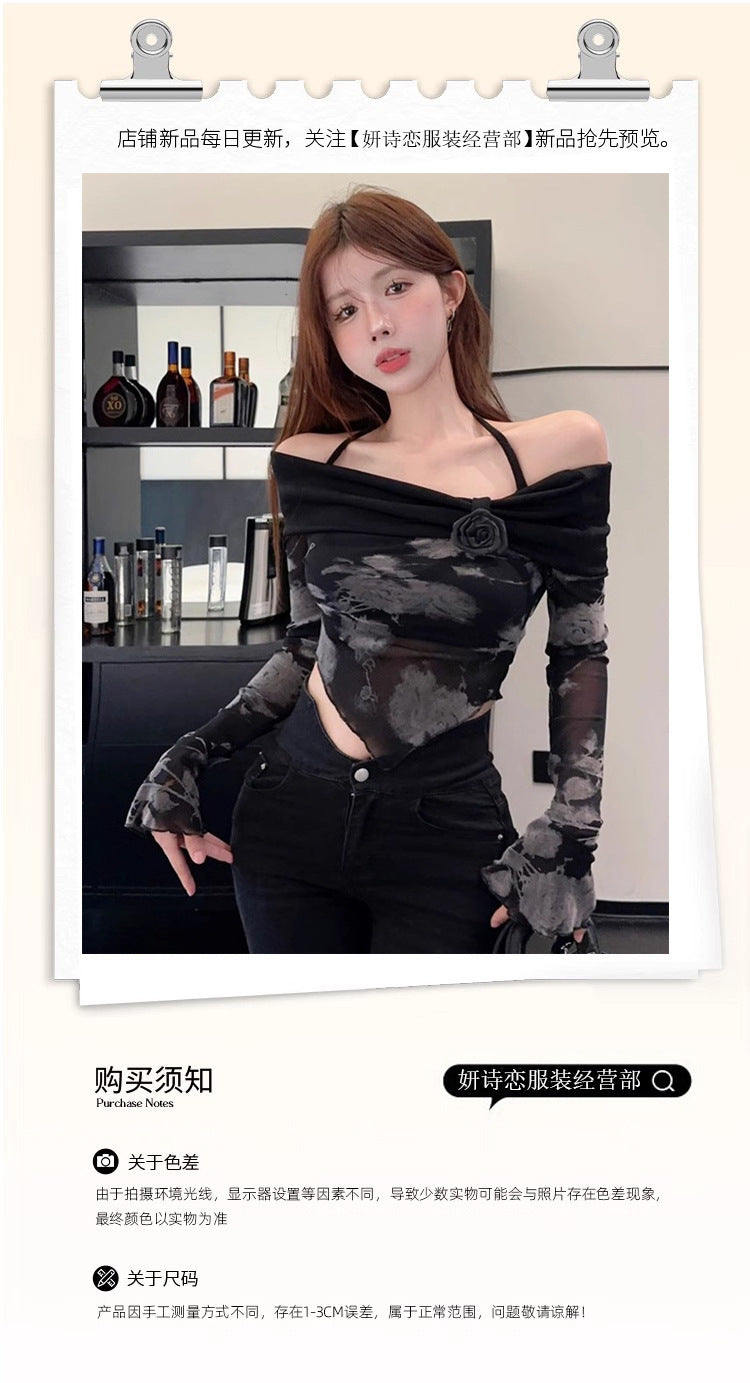 Dopamine tops Free shipping Tattoo Sweet and cool babes shoulder print T-shirt women's early autumn chic slim short long-sleeved mesh black neck top