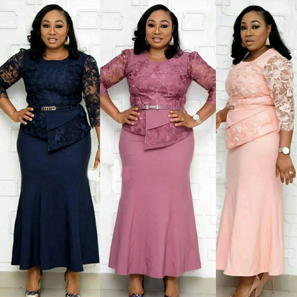 Fashion women's wear XL 5XL   plus Size Women's Clothing  Autumn New Lace Stitching Dress Long Dress Jx020