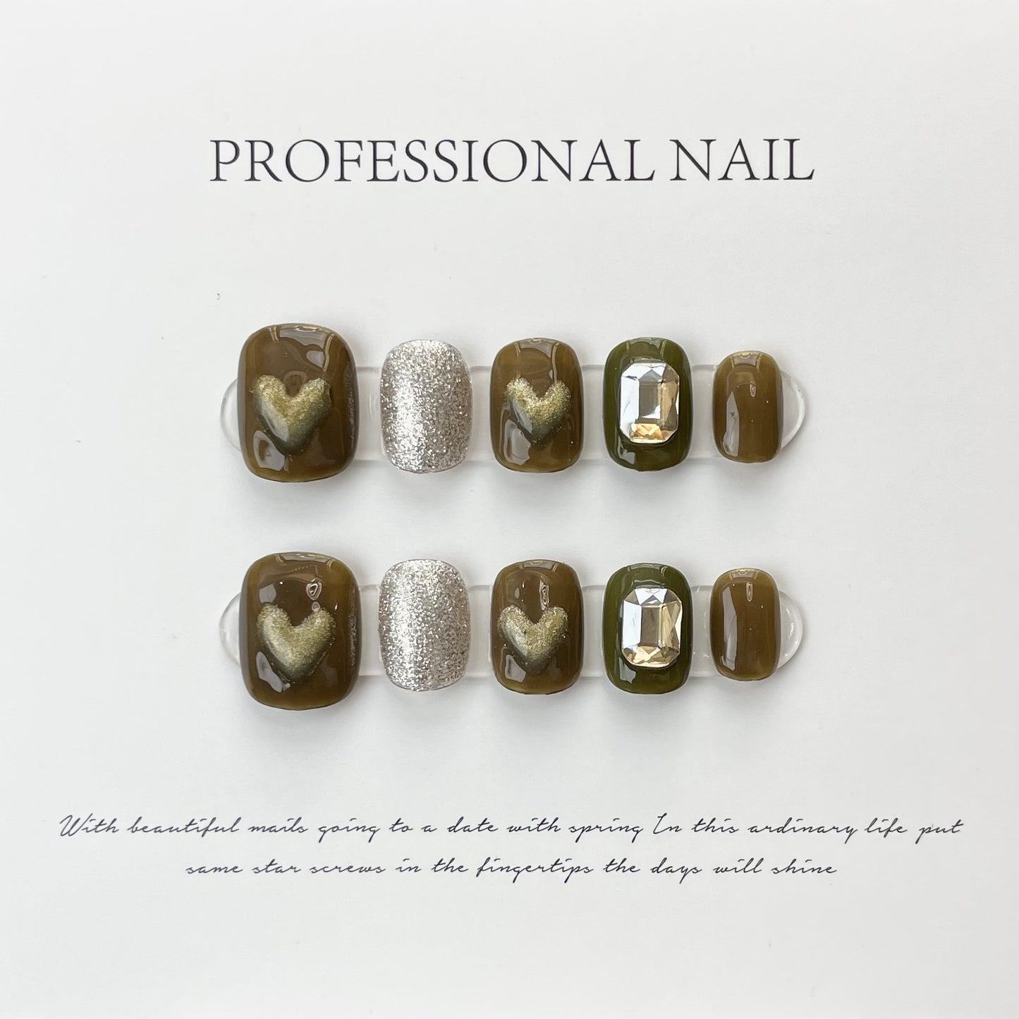 (Hand-Made Nail) Dark Green Gatling Hand-Worn Nail New Dark Dark Green Cat's Eye Zircon Retro High-Grade Finished Product Nail Stickers