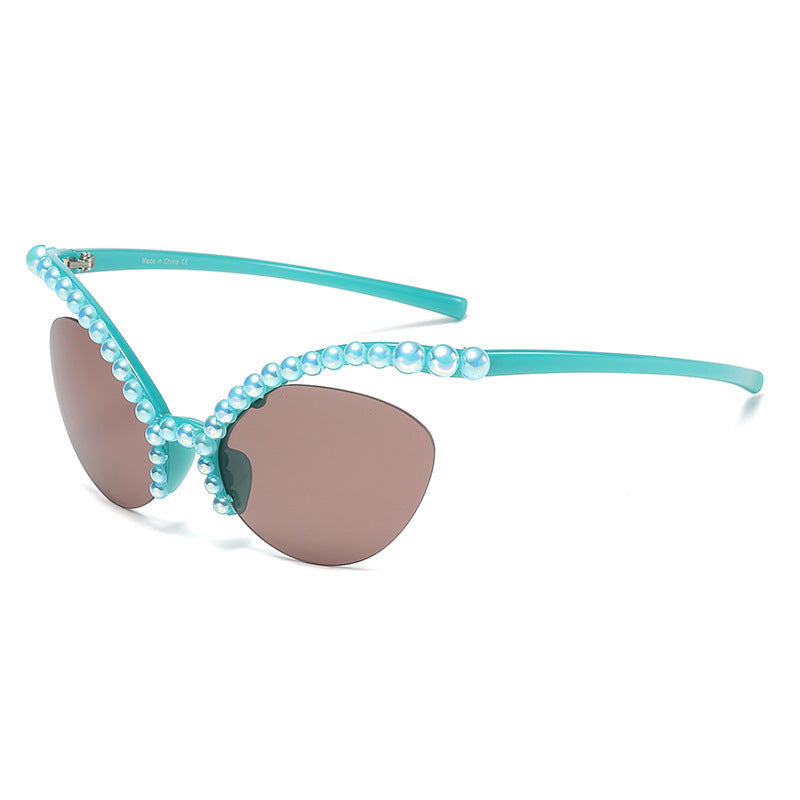 Women's fashion glasses 2023欧美异形框蜻蜓镶钻墨镜潮流水晶珍珠太阳眼镜户外防晒显瘦女