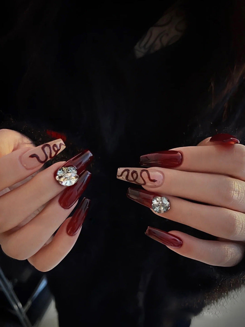 Fashion  nail Wearable Fake Nails Snake Diamond Manicure European and American Nail Nail Sticker Finished Detachable Nail Tip Patch Ballet Nail A49
