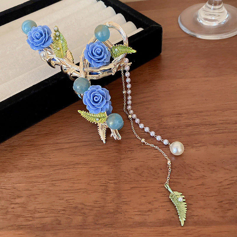 花朵叶子珍珠流苏发夹高级感甜美气质抓夹小众百搭鲨鱼夹发饰批发