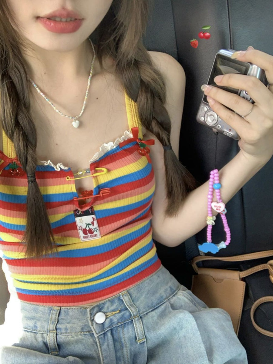 Dopamine tops Free shipping Tattoo Halter Rainbow Neck Sling Small Vest Women's Summer Strap Dopamine Wear Thai Seaside Spice Girl Top