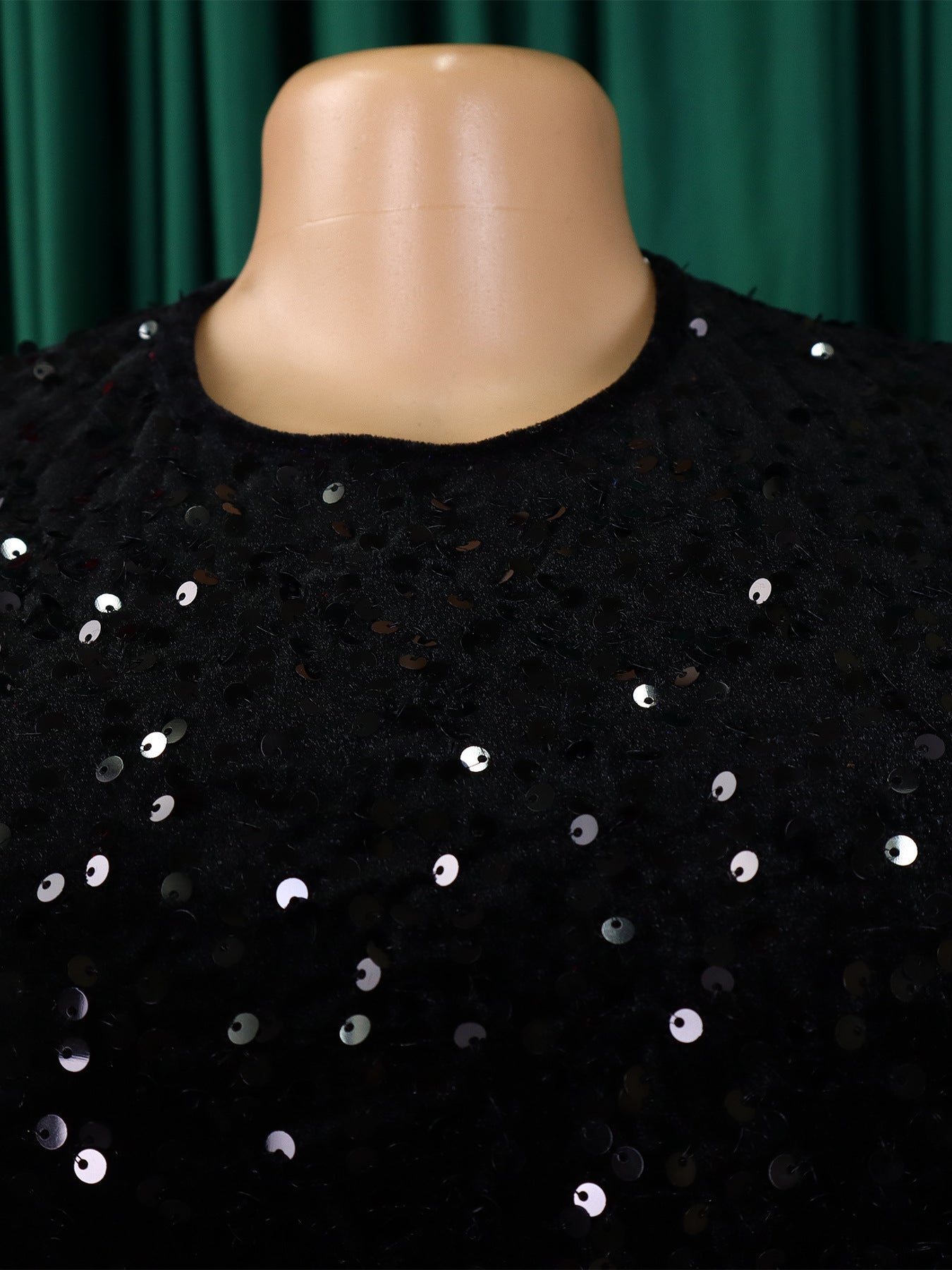 Fashion women's wear D469 Cross-Border New Arrival Women's round Neck Long Sleeve Pure Color Sequins High Waist Temperament Mid-Length Formal Dress European and American Style Dress