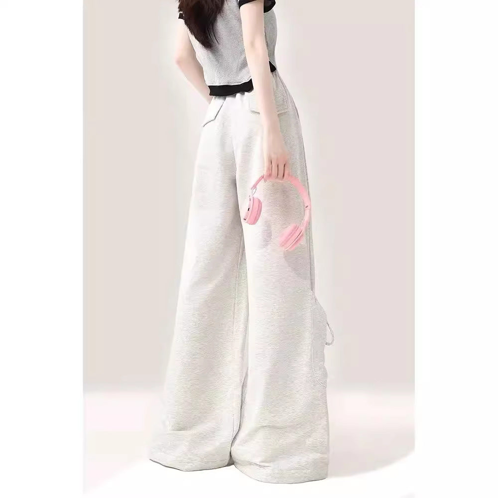 Free shipping Dopamine printed gray casual pants women's new loose and thin straight mopping long pants
