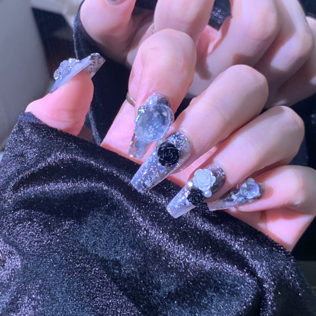 Hand-Made Nail Mid-Length Heavy Industry Stick-on Crystals Camellia Advanced Sense 2023 New Detachable Finished Nail Art