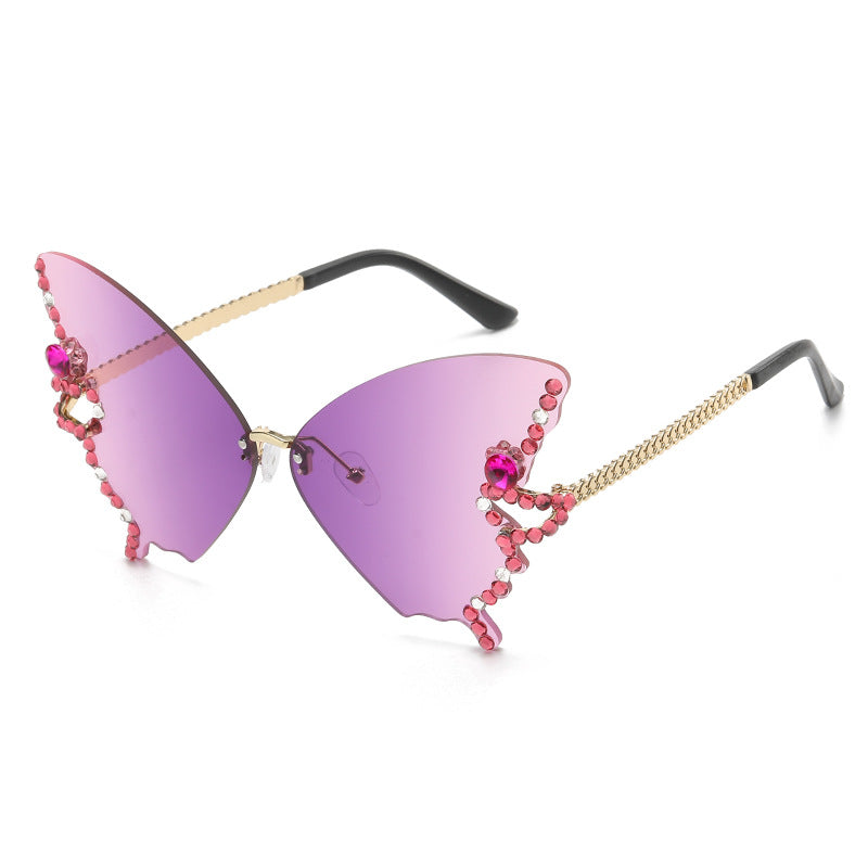 Women's fashion glasses 跨境2023新款蝴蝶形状镶钻无框太阳镜女时尚个性夸张墨镜欧美网红