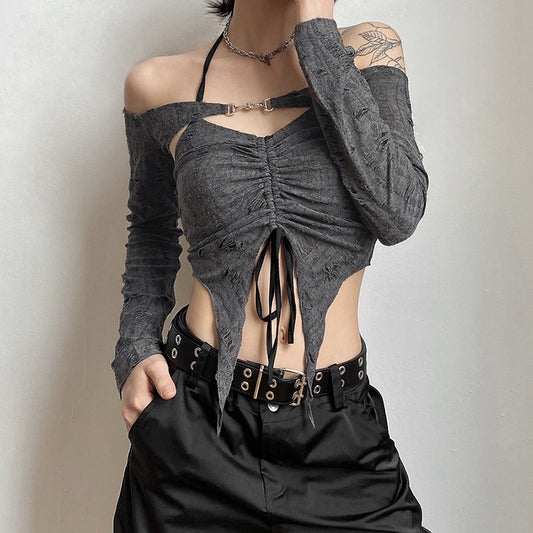 Free shipping  summer new women's clothing solid color slim-fitting navel fashion pleated neck collar T-shirt tops