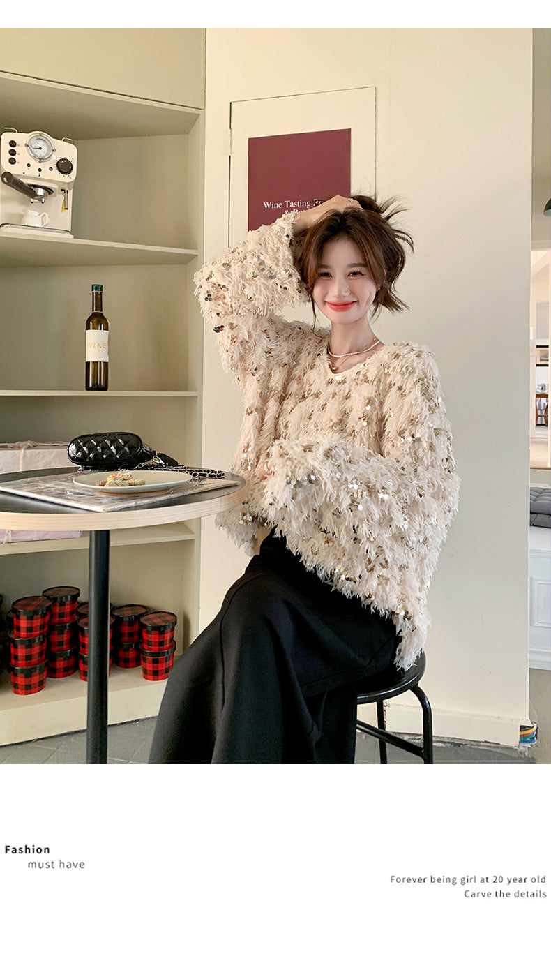 Fashion women's wear Real Shot Shiny Annual Meeting Festival Atmosphere Handmade Sequined Feather V-neck Sweater Spring Inner Wear Sweet Dress