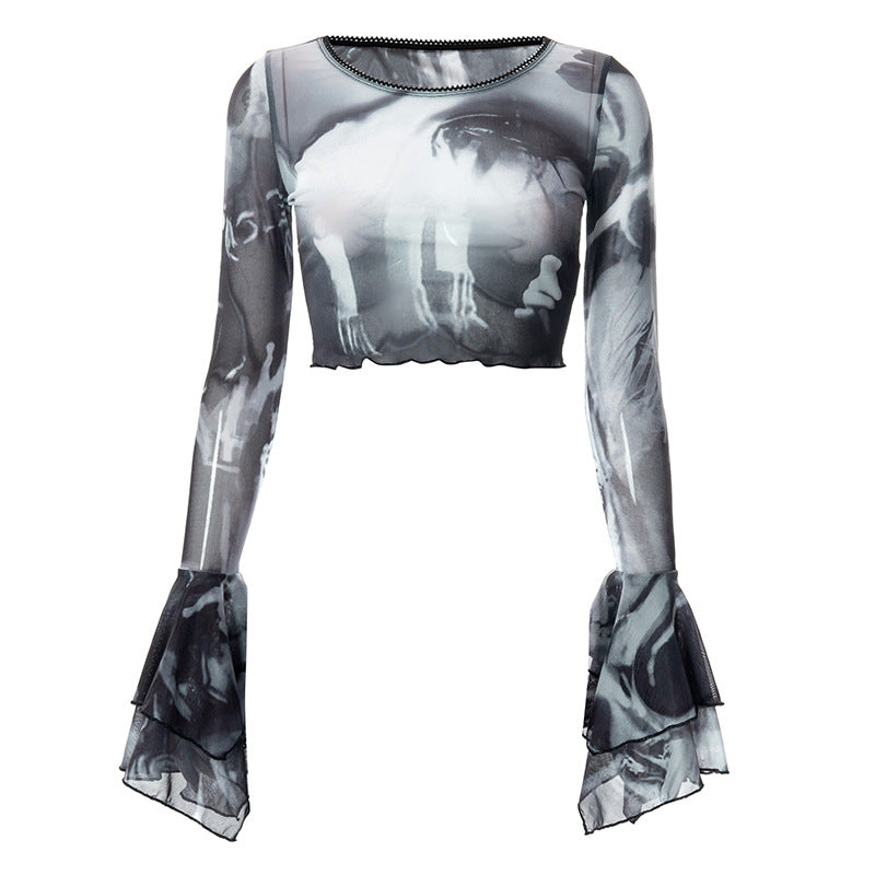 Fashion women's wear Q22tp146 Summer New 2024 Printed round Neck Pullover Horn Long Sleeves Cropped Casual   Women's Clothing Top