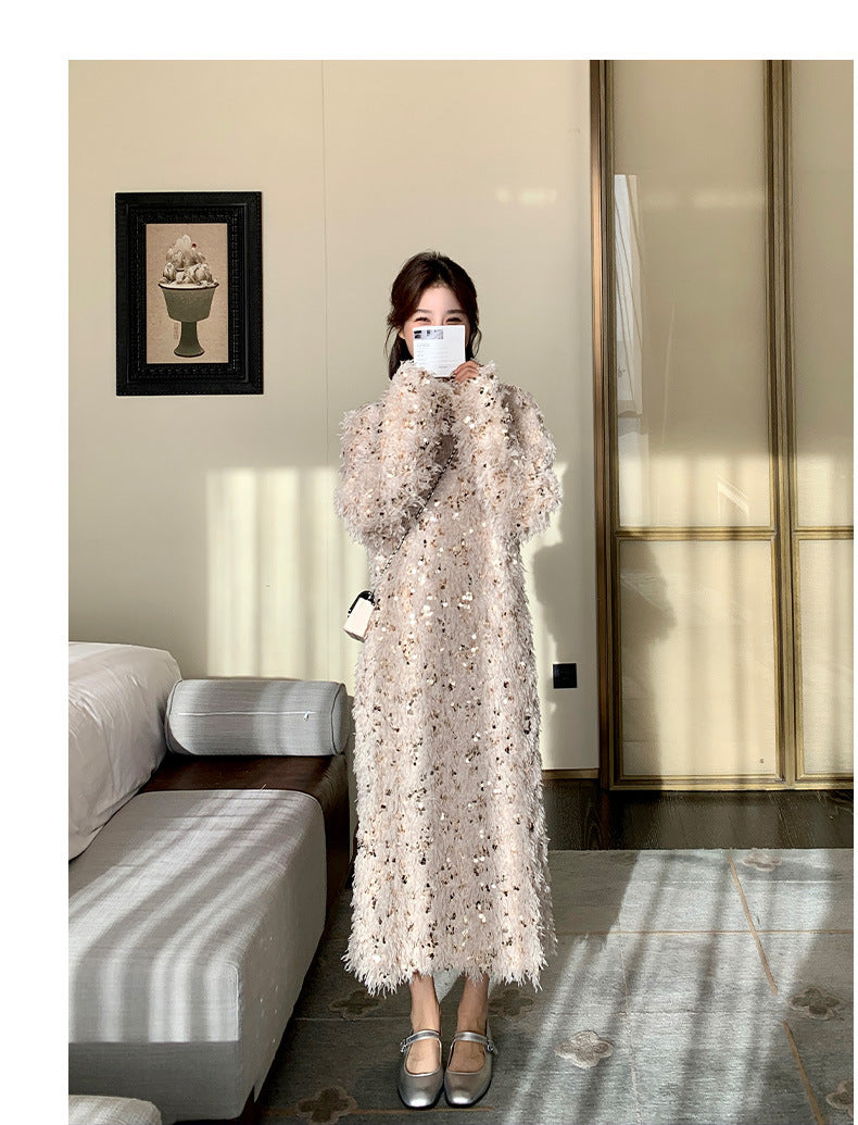 Fashion women's wear Real Shot Shiny Annual Meeting Festival Atmosphere Handmade Sequined Feather V-neck Sweater Spring Inner Wear Sweet Dress