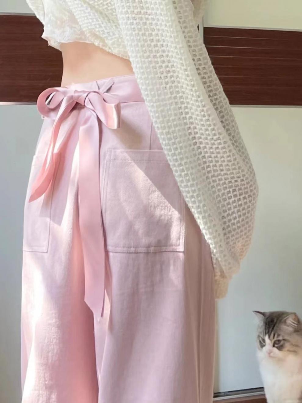 Free shipping  Pink dopamine bow strap casual jeans women's summer new high-waisted loose and thin wide-leg trousers pants