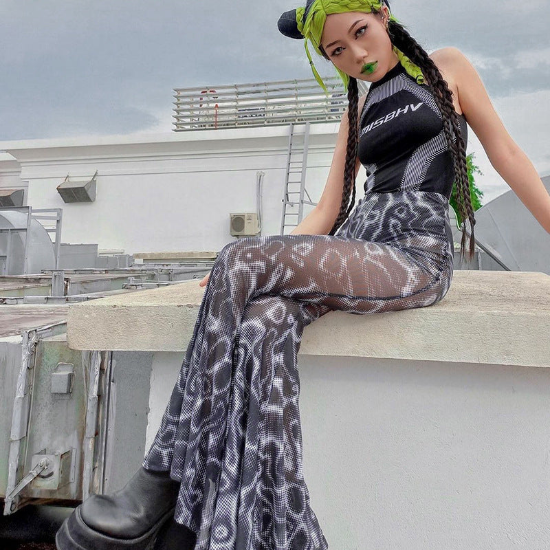Fashion women's wear Q21pt540 Cross-Border Autumn New Printed High Waist Voile Micro Transparent Fashion Casual Women's Long Bell-Bottom Trousers